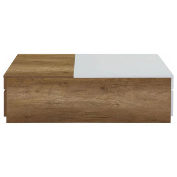 Modern Rectangular Coffee Table, 2 Drawers and 2 Hidden Compartments, Oak/White