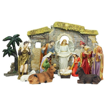 Religious Christmas Nativity Decor Set With Stable, 13-Piece