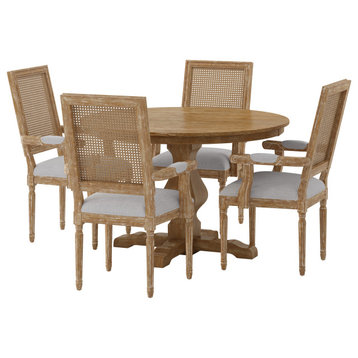 Joretta French Country Upholstered Wood and Cane 5-Piece Circular Dining Set, Natural/Light Gray