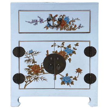 Chinese Off White Vinyl Moon Face Flower Bird End Table Nightstand Hcs7549