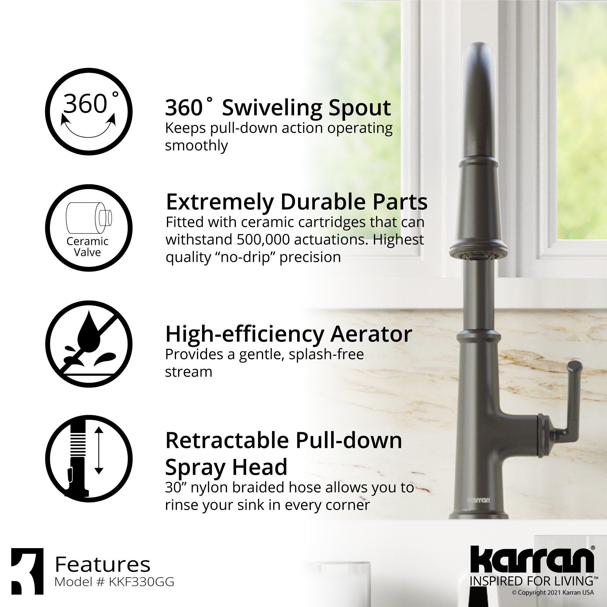 Karran KKF330 1-Handle Pull Down Dual Function Sprayer Faucet, Gunmetal Grey
