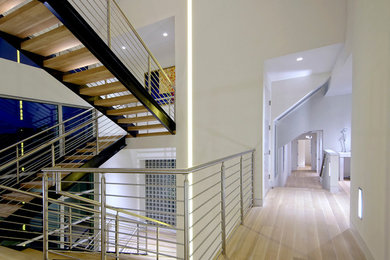 Inspiration for a large contemporary light wood floor hallway remodel in New York with white walls