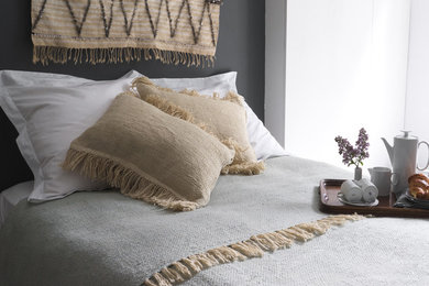 Hand-woven Wool Fringe Blankets Blue Grey Natural