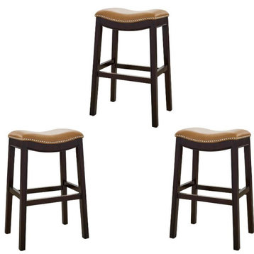 Home Square 3 Piece Saddle Faux Leather and Wood Barstool Set in Tan/Espresso