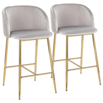 Fran Pleated Waves Counter Stool, Set of 2, Gold Metal and Silver Velvet