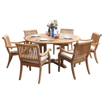 7-Piece Outdoor Teak Dining Set - 60" Round Table + 6 Arbor Stacking Arm Chairs