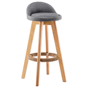 Retro-Styled Rotating High Bar Stool Made of Solid Wood, Yellow, Linen