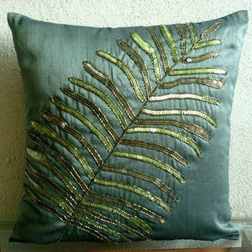 Dark Green Euro Sham Pillows Art Silk 24x24 Leaf Nature & Floral, Floating Leaf