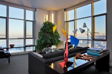 Example of a small trendy formal and open concept carpeted living room design in Chicago with gray walls and no tv