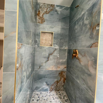 Bathroom Remodel; Huge Blue Tiles; Luxury shower and tub