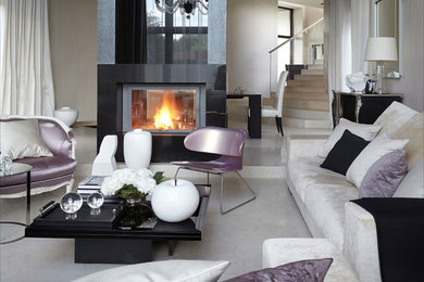 Contemporary living room in Moscow with a two-sided fireplace and white floor.