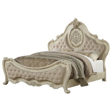 ACME Ragenardus Queen Bed, Beige Linen and Antique White