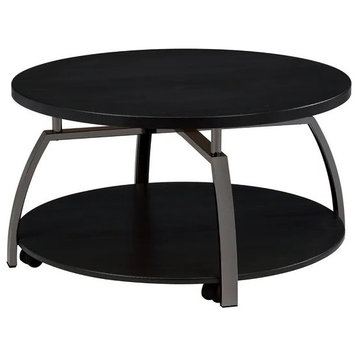 Modern Coffee Table, Angled Base With Round Top and Bottom Shelf, Black/Nickel
