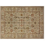 Bareens Designer Rugs - Shabby Chic Ziegler Stefania Beige Orange Hand-Knotted Wool Rug - 6'1'' x 9'2'' - Enhance the ambiance of your home with this magnificent Persian-influenced Turkish hand-knotted rug made by skilled artisans capable of creating the most exceptional vegetable dyes and hand-spun wool. This exquisite handmade rug is a one-of-a-kind Peshawar Kafkaz, otherwise identified as Chobi, Chobi Peshawar, Oushak, or Ziegler rug. These handmade rugs are crafted in Pakistan utilizing superior-quality wool imported from Australia, New Zealand, and Korea in two types of weaves: the Persian weave and the Mori weave. This rug is meticulously crafted by hand using the finest natural vegetable dyes extracted from local plants. The artisans use a blend of hand-spun local and fine merino wool, resulting in a rug with a compelling texture, higher lanolin content, and longer staple. The artisans occasionally incorporate natural or artificial silk into the pile to enhance specific motifs. The finished product is an awe-inspiring execution of flawless design and an understated palette that exudes elegance.