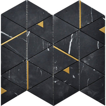 Mosaic Tile Marble With Metal, Nero Marquina Triangle Black Gold