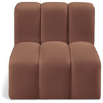 Meridian Furniture - Arc Upholstered Modular Component, Cognac, 1-Piece: Straight Chair, Vegan Leather - Unleash modern opulence with the Arc Vegan Leather Straight Chair. Crafted for the modern connoisseur, this chair injects an air of refined luxury into any space. Its sleek silhouette, upholstered in supple cognac vegan leather, exudes timeless sophistication while the deep channel tufting adds textural intrigue, further elevating the chair's visual appeal. The modular design makes it a versatile chameleon, effortlessly adapting to your evolving needs and preferences. Whether you envision it gracing a chic living room corner, basking in the glow of a bedroom window, or adding a touch of drama to a home office, the Arc seamlessly complements your unique interior aesthetic.