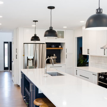 Rock Kitchen, Flooring and Custom Fireplace and Shelving Remodel