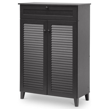 Contemporary Shoe Cabinet, Upper Storage Drawer and Louvered Doors, Espresso