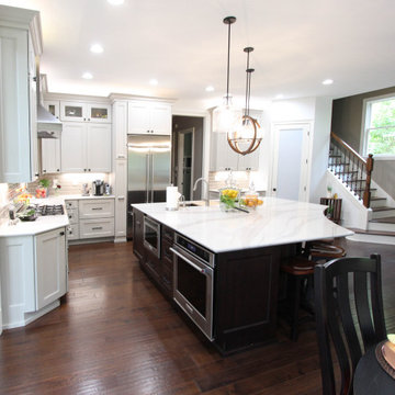 White Kitchen with Espresso Island, Galley Sink, Cambria Britannica Countertop