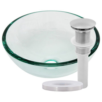 Bonificare Clear Mini 12" Glass Vessel Bathroom Sink with Drain, Brushed Nickel