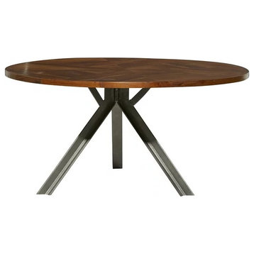 Industrial Coffee Table, Three Legs Metal Base With Round Brown Albizia Wood Top