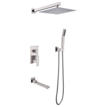 Wellfor Shower Set, 9.8" Rain Shower Head With Handheld Shower, Tub Spout, Brushed Nickel