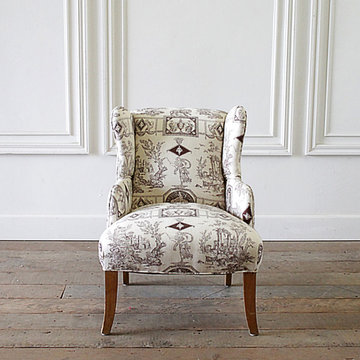 Vintage Petite Wing Chair Upholstered in Brown Toile Fabric