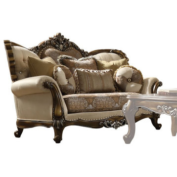 Acme Latisha Loveseat With 5 Pillows Tan Pattern Fabric and Antique Oak