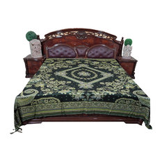 Mogul Interior - Indian Tapestry Blanket Throw Floral Black Reversible Bedspread - Blankets