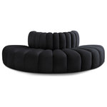 Meridian Furniture - Arc Upholstered Outward Curved Modular Sectional, Black, 4-Piece: Reverse Corner (4), Velvet - Give your living room or den the perfect blend of style and versatility with this Arc velvet fabric curved modular Sectional. Part of the Arc modular furniture collection, this Sectional comes upholstered in rich black velvet fabric and features deep channel tufting that adds a touch of luxury while enhancing comfort and support. A seamless combination of form and function, this chair can be used with other Arc pieces to create a myriad of configurations in your well-curated room.