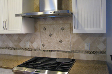 Mountain style kitchen photo in Other with granite countertops, beige backsplash and porcelain backsplash