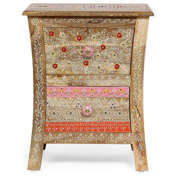 Unique Nightstand, Mango Wood Construction With Hand Painted Oriental Pattern