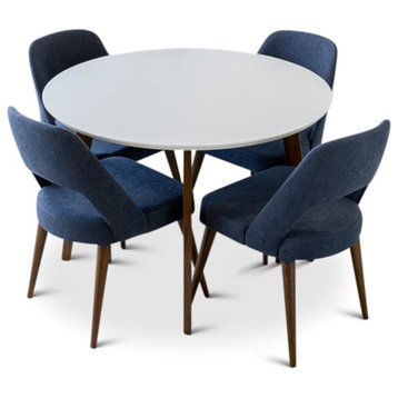 Cleo 5-Piece Mid-Century Modern Dining Set with 4 Fabric Dining Chairs in Blue