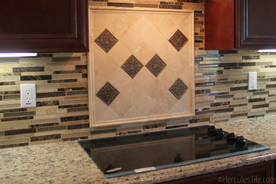 Inspiration for a timeless single-wall eat-in kitchen remodel in Jacksonville with dark wood cabinets, granite countertops, beige backsplash, stone tile backsplash and stainless steel appliances