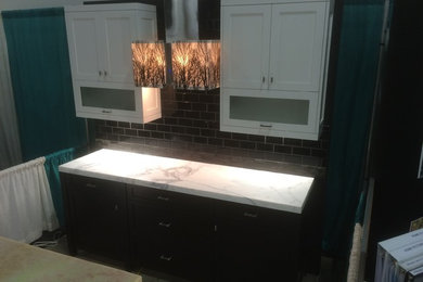 Our show display: Top cabinets: White Shaker glass panel with undermount "light