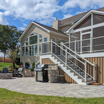 Porch, TimberTech Tigerwood Deck Mocha Border, Paver Patio, Firepit, Lighting