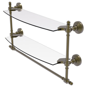 Retro Wave 18" Two Tiered Glass Shelf with Towel Bar, Antique Brass