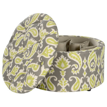 Contemporary Storage Ottoman, Rounded Shape With Diamond Button Top, Multicolor