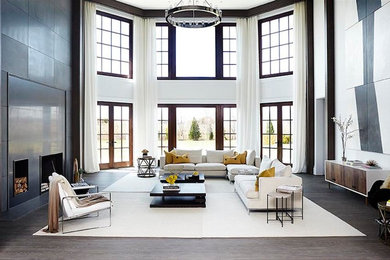 Example of a minimalist dark wood floor living room design in New York