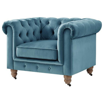 Londynn Club Chair Teal Blue Velvet 42L x 33.5W x 30.3H Button Tufted Rolled Arm