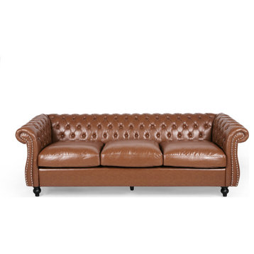Vita Chesterfield Tufted Faux Leather Sofa, Cognac Brown, Dark Brown