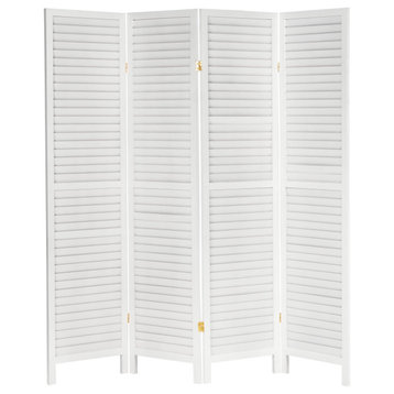 Classic Room Divider, Pine Wood Frame With Louvered Screens, White, 4 Panels