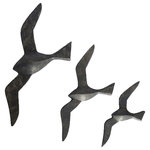 Renwil - Skyward Irregular Unframed Metal Wall Art - The soaring silhouette of a small flock of seagulls inspires this avian set of three metal wall art decorations. The aluminum figures of the small, medium and large bird wall statues flash as they fly in formation across your interior atmosphere. An antique charcoal finish adds industrial patina to each traditional wall decoration.