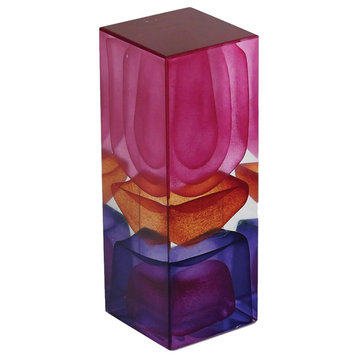 Luxe Red Purple Pink Glass Slab Sculpture Paperweight Tower Column Layer 7"