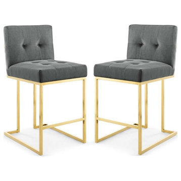 Home Square 2 Piece Metal Base Velvet Counter Stool Set in Gold and Charcoal