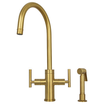 Akicon™ Two-Handle Copper Widespread Kitchen Faucet With Side Sprayer, Brushed Gold