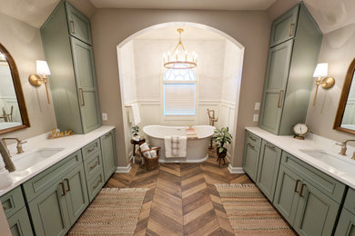 Bathroom - large contemporary master white tile wood-look tile floor, brown floor and double-sink bathroom idea in DC Metro with recessed-panel cabinets, green cabinets, beige walls, an undermount sink, quartz countertops, white countertops and a built-in vanity