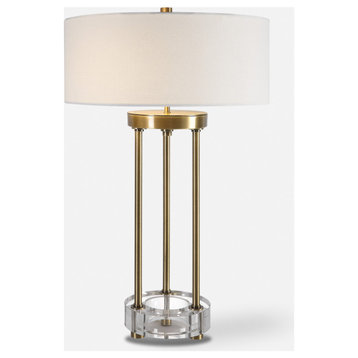 Elegant Round Three Column Table Lamp 27 in Brass Gold Open Crystal Classic