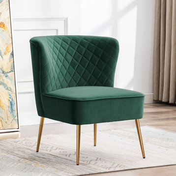 Diamond Stitched Bright Velvet Slipper Chair, Dark Green