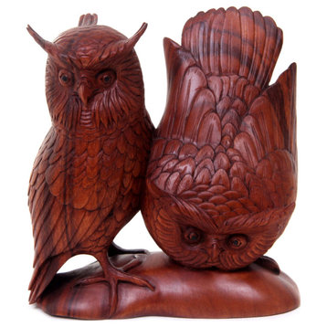 NOVICA Owl Couple And Wood Statuette